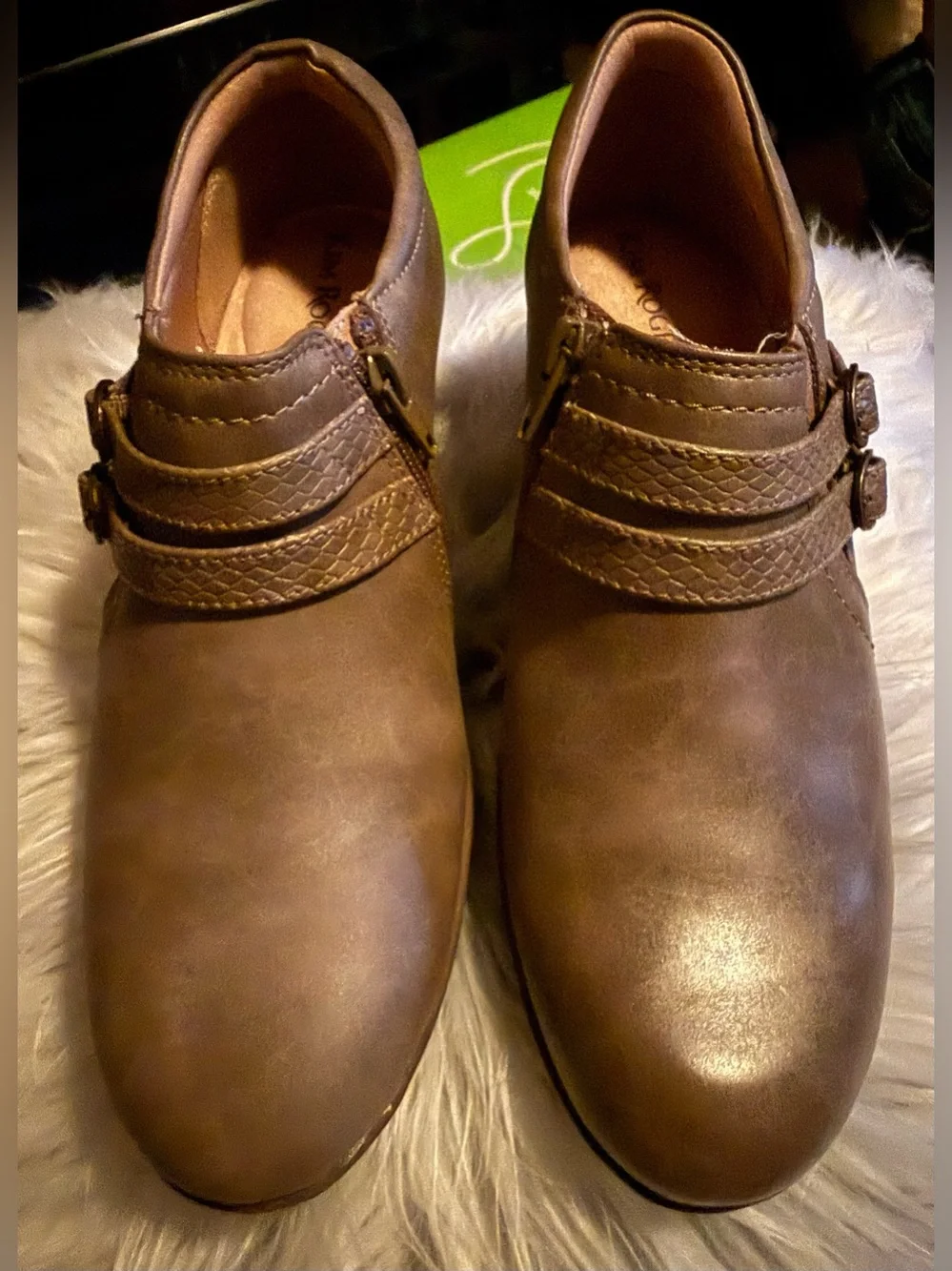 KIM ROGERS Olena Women's Taupe Low Heel Slip-On Bootie with Buckle Straps. NWOT